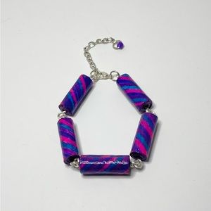 Handmade Hand Painted Jewel Tone Paper Bead Bracelet  Stripes Silver Links